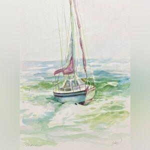 Sailboat waves original watercolor painting ocean storm boating art Artettina